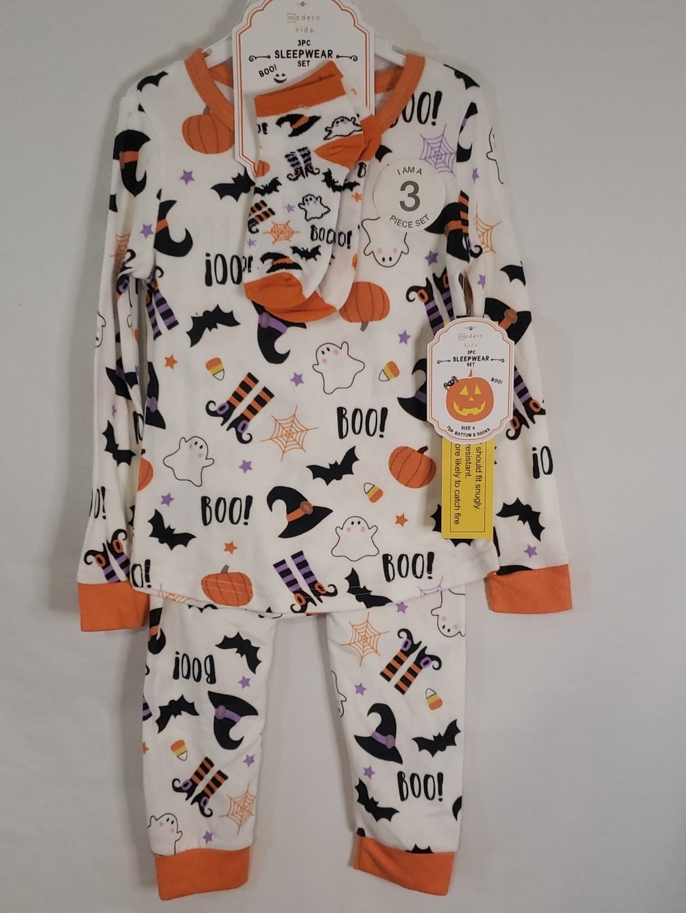 Modern Kids Halloween 3 Piece Sleepwear Ser - Ivory/Orange Ghost Print